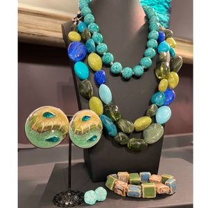 VINTAGE Lucite Double Strand Necklace; Ceramic Bracelet; Enamel Earrings SET